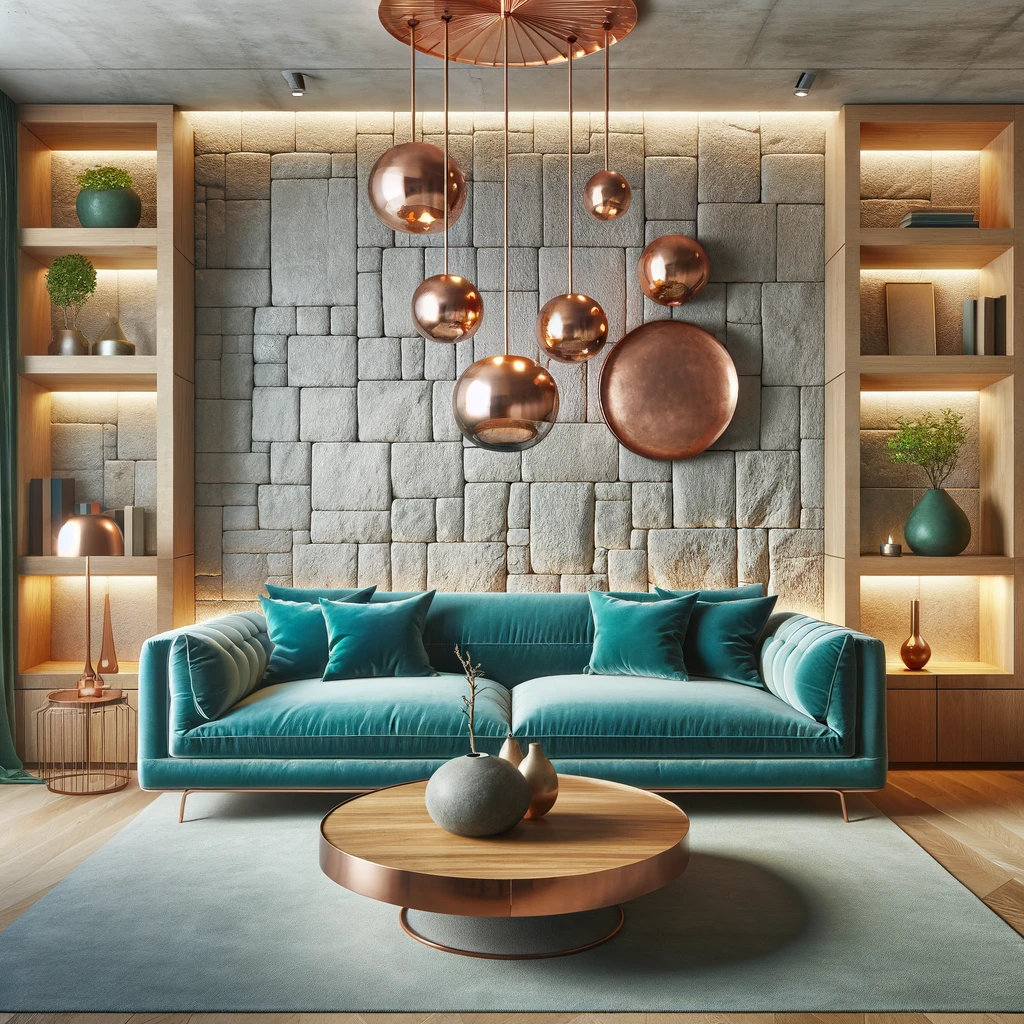 DALL·E 2023-11-06 19.49.58 - An elegant and modern living room with natural stone walls, a turquoise velvet sofa, floating oak wood shelves, and soft lighting emanating from coppe